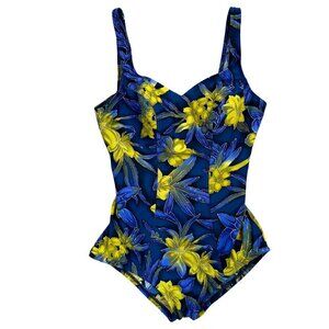 Le Cove Blue Green Floral Built-In Bra One Piece Swimsuit Size 14